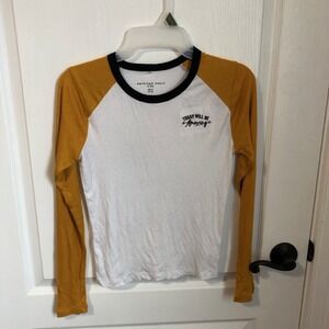 American Eagle Kids Raglan Shirt‎ Size 16 White Mustard Yellow Amazing Graphic